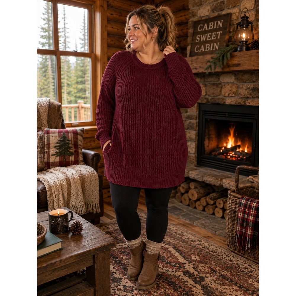 American Weekend Woman 3X Burgundy Rib Knit Longline Sweater Cabin Core